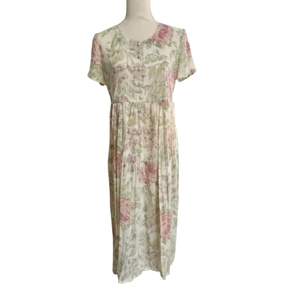 Vintage Plum Beige Floral Maxi Dress 80s 90s Pleated Pearl Button Size 12P M - Picture 1 of 15